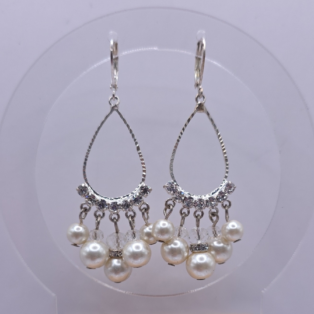 Elegant Silvertone Faux Pearl Drop Earrings
